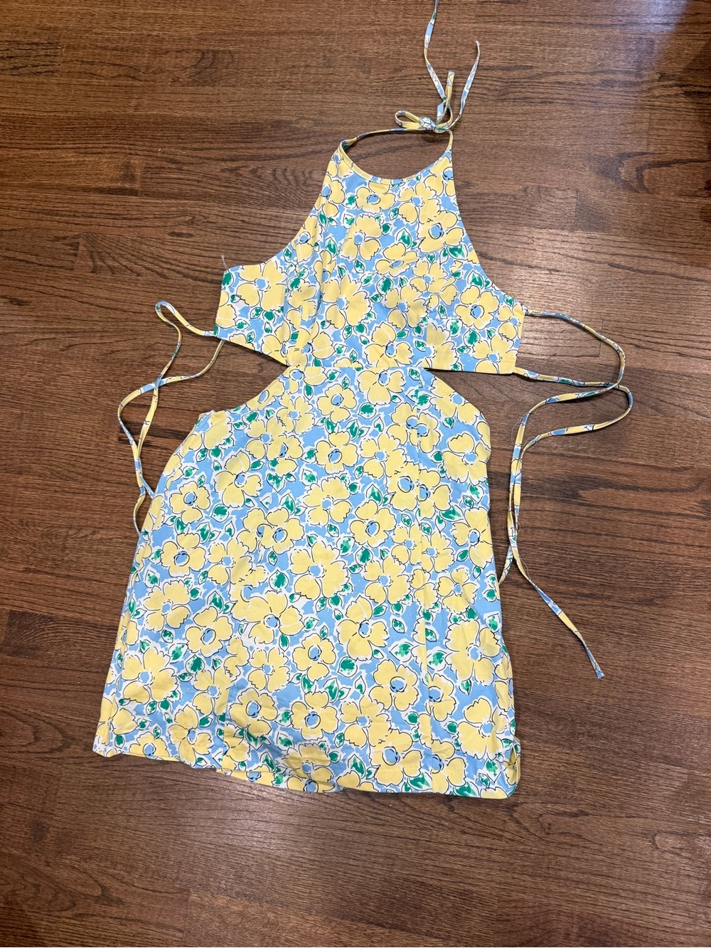 Zara Yellow Floral Halter Cutout Mini Dress with Green Accents